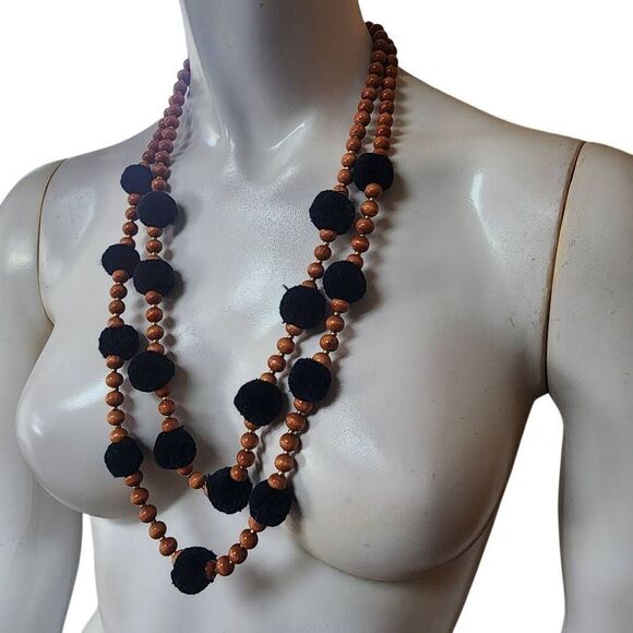 J. Crew Navy Blue Puff Ball & Wood Bead Two-Layer Necklace - Picture 1 of 4